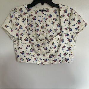 Women’s Zara Linen Blend Floral Print Cottage Festival Crop Top Size Large White